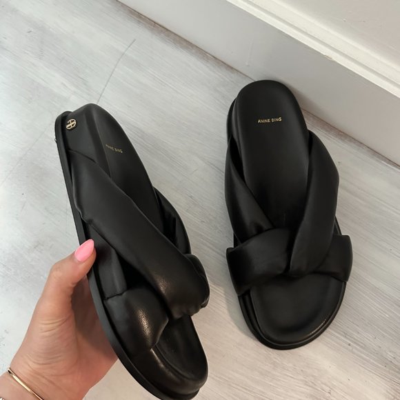 ❌SOLD❌Anine Bing Kiva Slide Sandals Sz 37 Black Leather Padded Crossover Straps - Picture 5 of 9